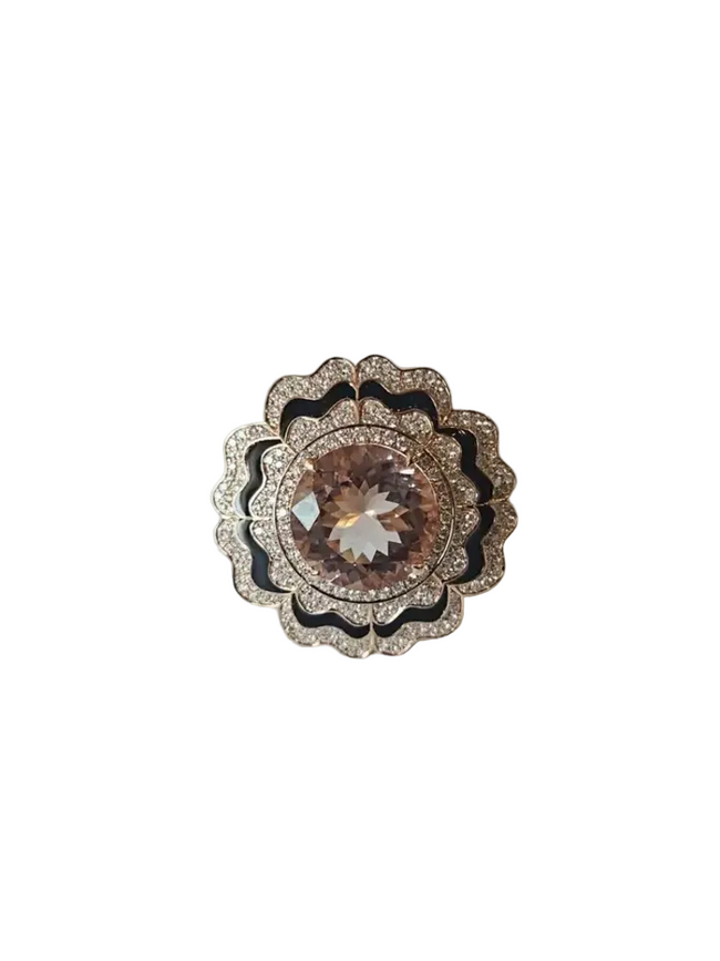 18k Rose Gold Diamond Cocktail Ring - Natural Morganite & Black Enamel Wedding Ring Hover Image