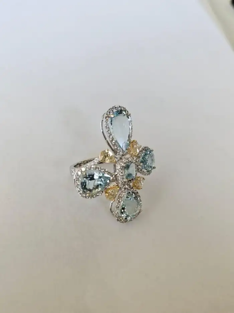 18k White Gold Statement Ring - Natural Aquamarine & Yellow Diamond Cocktail Ring