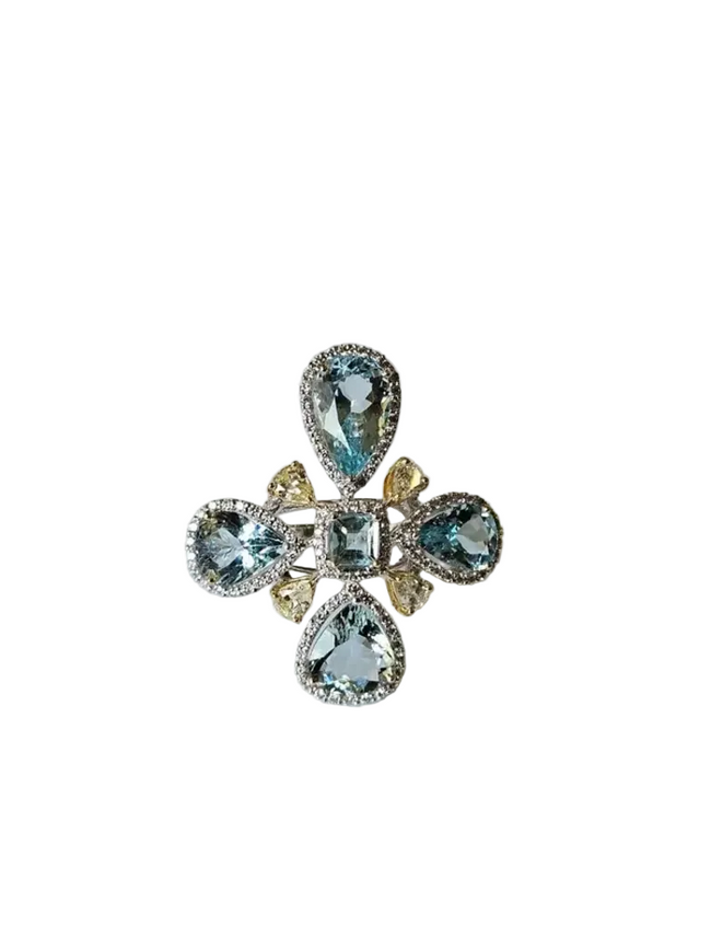 18k White Gold Statement Ring - Natural Aquamarine & Yellow Diamond Cocktail Ring Hover Image
