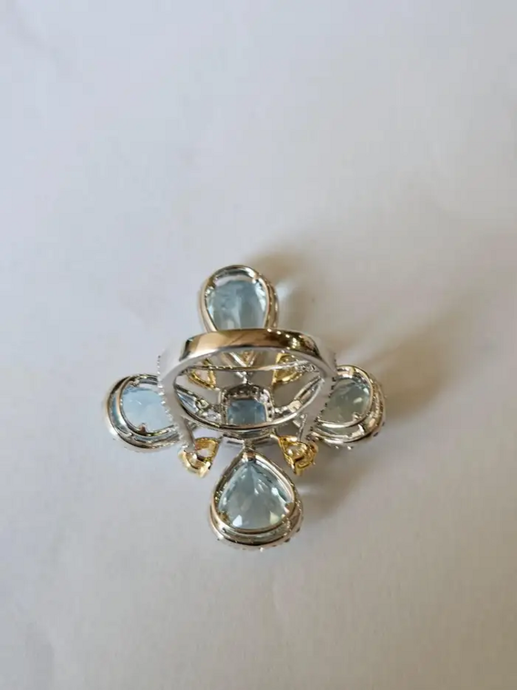 18k White Gold Statement Ring - Natural Aquamarine & Yellow Diamond Cocktail Ring