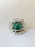 18k White Gold Handmade Ring - Natural Zambian Emerald Sugarloaf & Rose Cut Diamond Ring