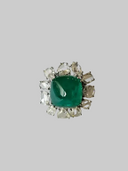 18k White Gold Handmade Ring - Natural Zambian Emerald Sugarloaf & Rose Cut Diamond Ring