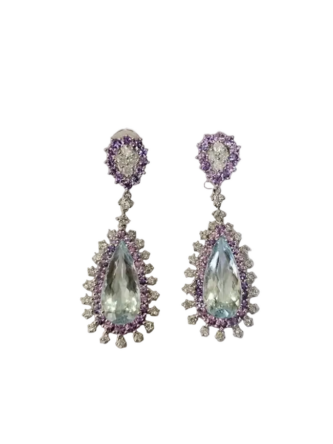 Natural Aquamarine & Purple Sapphire Dangle Earrings - 18K White Gold Diamond Drop Dangle Earrings Hover Image
