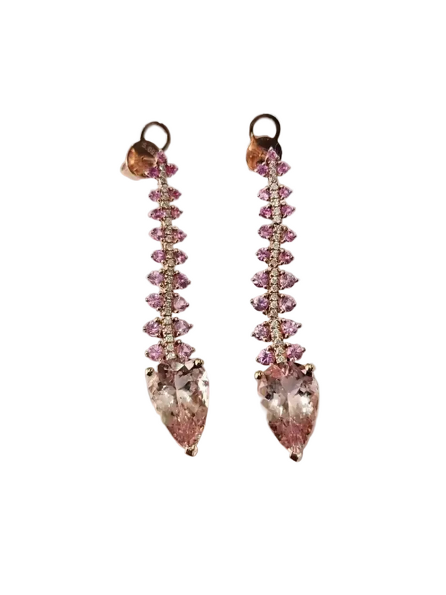 18k Rose Gold Diamond Dangle Earrings - Natural Morganite & Pink Sapphire Earrings Hover Image