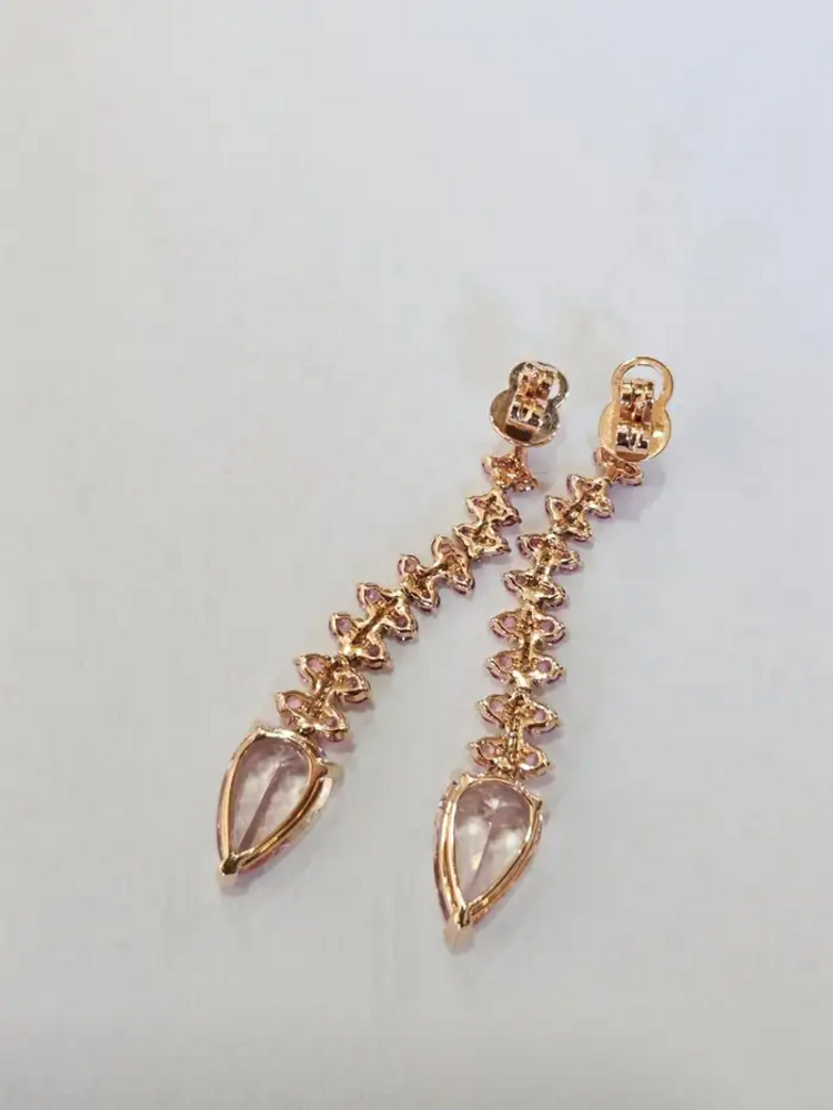 18k Rose Gold Diamond Dangle Earrings - Natural Morganite & Pink Sapphire Earrings