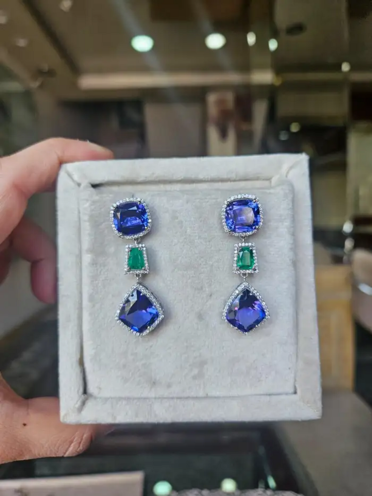 Natural Zambian Emerald & Tanzanite Dangle Earrings - 18k White Gold Diamond Earrings