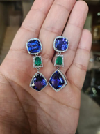 Natural Zambian Emerald & Tanzanite Dangle Earrings - 18k White Gold Diamond Earrings