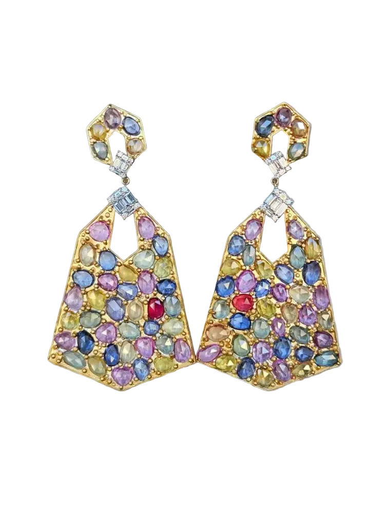 Natural Multi Sapphire & Diamond Dangle Earrings - 18k Matte Finish Earrings