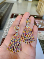 Natural Multi Sapphire & Diamond Dangle Earrings - 18k Matte Finish Earrings