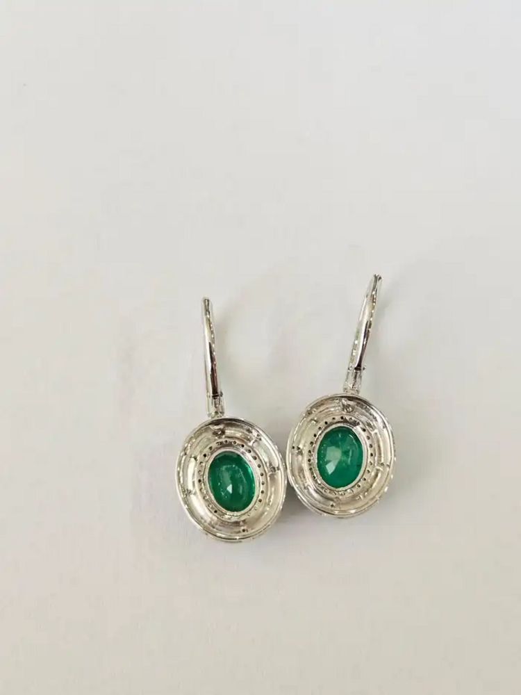 18k Matte Gold Handmade Earrings - Natural Zambian Emerald & Diamond Dangle Earrings