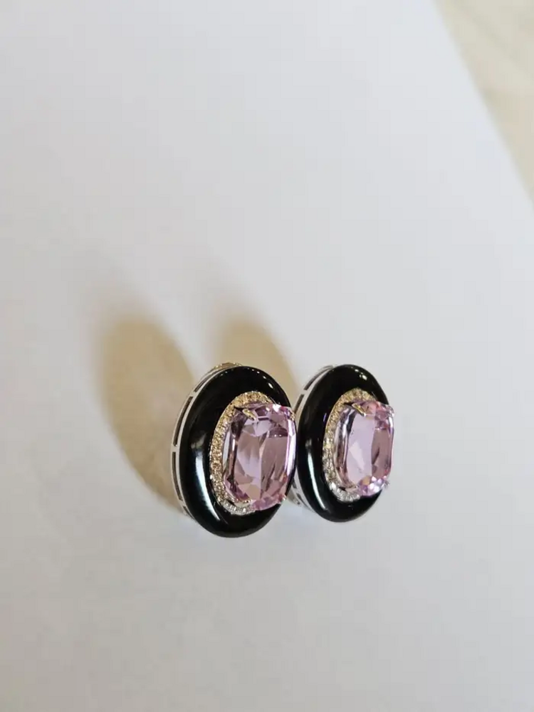 Natural Kunzite & Black Onyx Stud Earrings - 18k White Gold Diamond Handmade Earrings