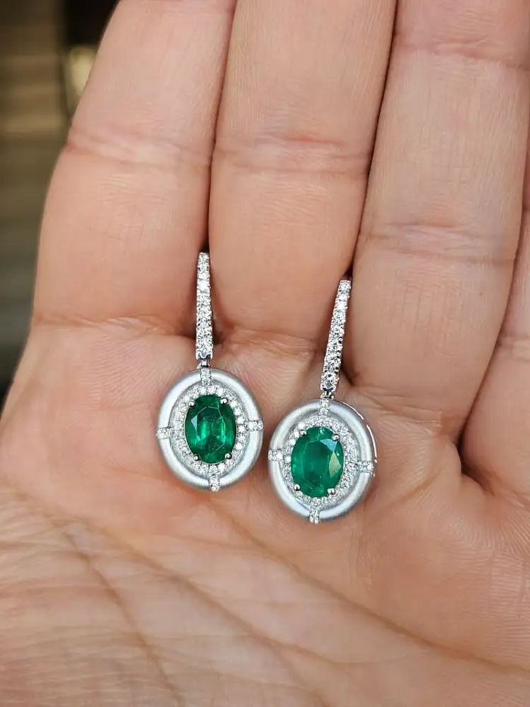 18k Matte Gold Handmade Earrings - Natural Zambian Emerald & Diamond Dangle Earrings