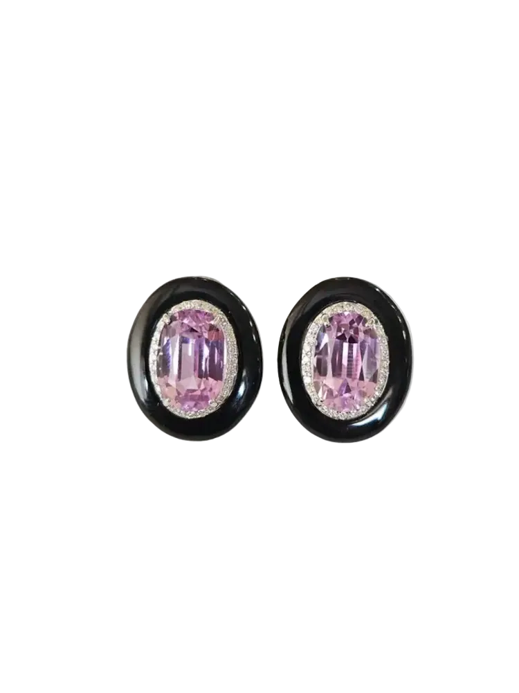 Natural Kunzite & Black Onyx Stud Earrings - 18k White Gold Diamond Handmade Earrings