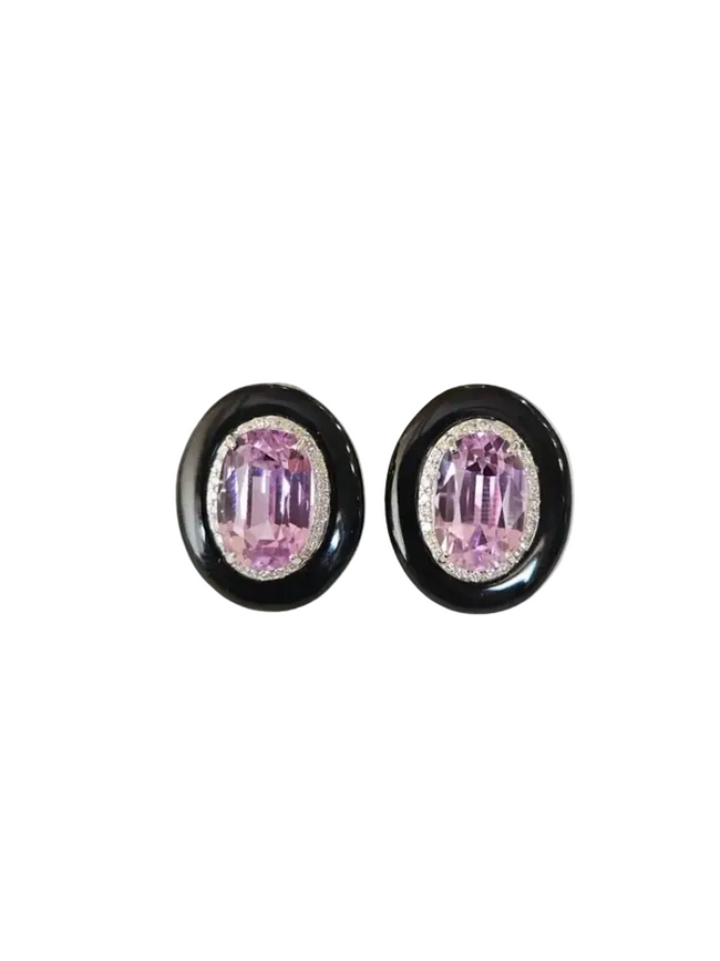 Natural Kunzite & Black Onyx Stud Earrings - 18k White Gold Diamond Handmade Earrings Hover Image