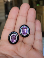Natural Kunzite & Black Onyx Stud Earrings - 18k White Gold Diamond Handmade Earrings