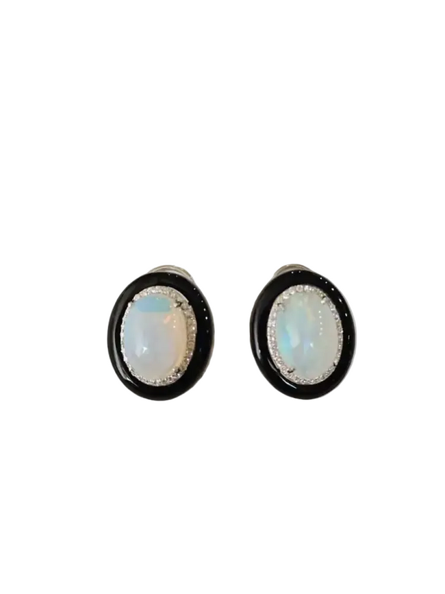 Natural Ethiopian Opal & Black Onyx Stud Earrings - 18k White Gold Diamond Stud Earrings Hover Image