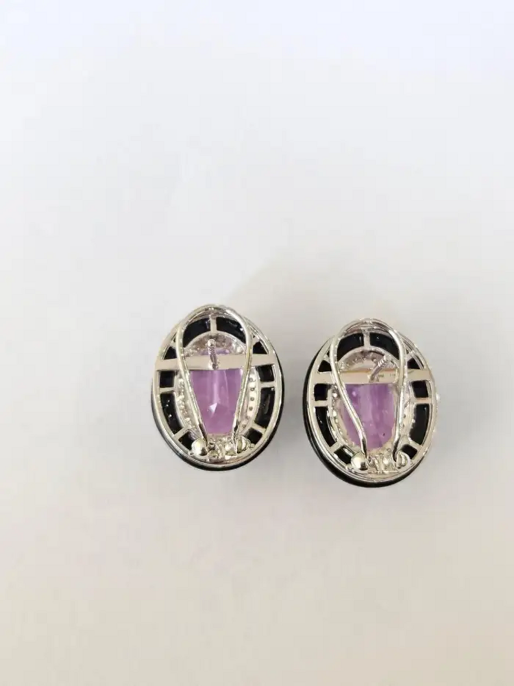 Natural Kunzite & Black Onyx Stud Earrings - 18k White Gold Diamond Handmade Earrings