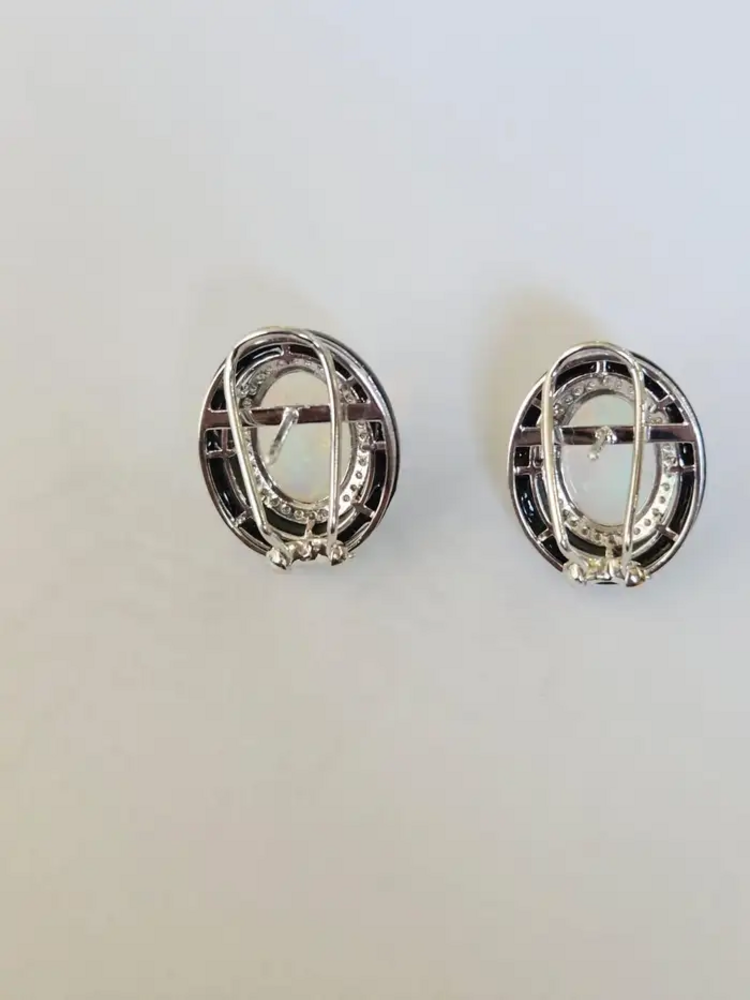 Natural Ethiopian Opal & Black Onyx Stud Earrings - 18k White Gold Diamond Stud Earrings
