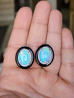 Natural Ethiopian Opal & Black Onyx Stud Earrings - 18k White Gold Diamond Stud Earrings