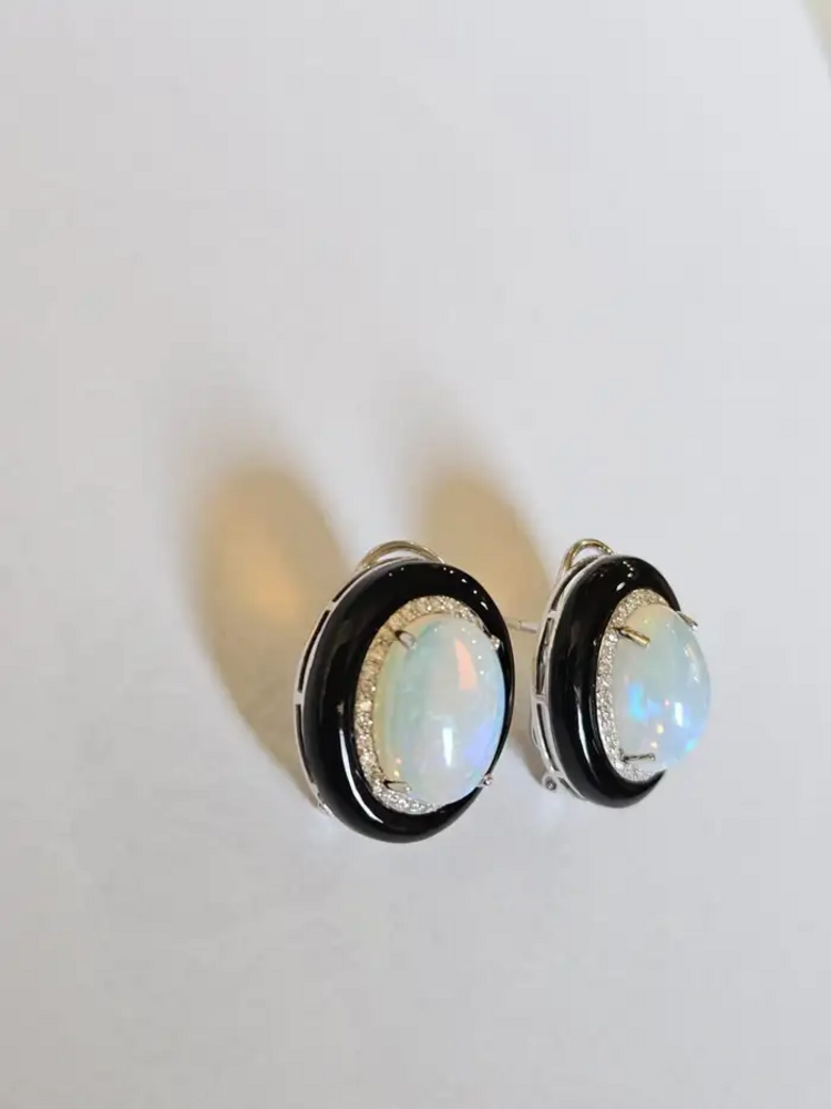 Natural Ethiopian Opal & Black Onyx Stud Earrings - 18k White Gold Diamond Stud Earrings
