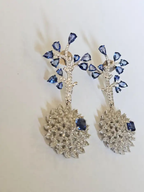 Natural Blue Sapphire Dangle Earrings - 18k White Gold Rose Cut Diamond Handmade Chandelier Earrings