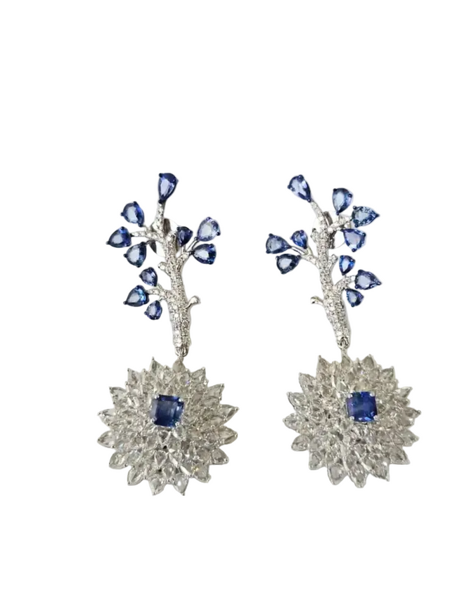 Natural Blue Sapphire Dangle Earrings - 18k White Gold Rose Cut Diamond Handmade Chandelier Earrings Hover Image
