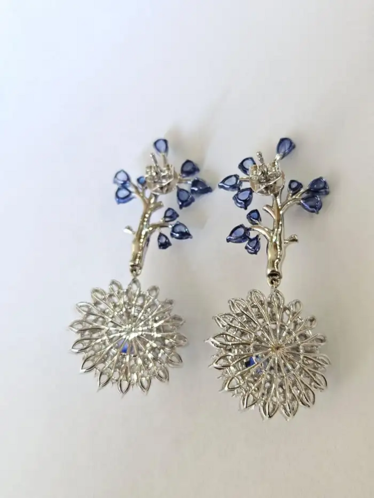 Natural Blue Sapphire Dangle Earrings - 18k White Gold Rose Cut Diamond Handmade Chandelier Earrings
