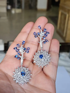 Natural Blue Sapphire Dangle Earrings - 18k White Gold Rose Cut Diamond Handmade Chandelier Earrings