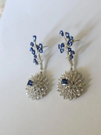 Natural Blue Sapphire Dangle Earrings - 18k White Gold Rose Cut Diamond Handmade Chandelier Earrings