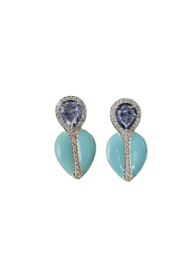 Natural Blue Sapphire & Turquoise Enamel Stud Earrings - 18k White Gold Diamond Earrings Hover Image