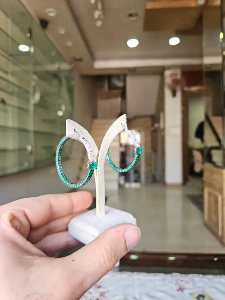 18k White Gold Diamond Hoop Earrings - Natural Zambian Emerald Earrings