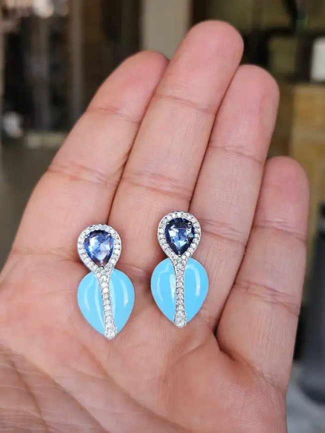 Natural Blue Sapphire & Turquoise Enamel Stud Earrings - 18k White Gold Diamond Earrings Main Image