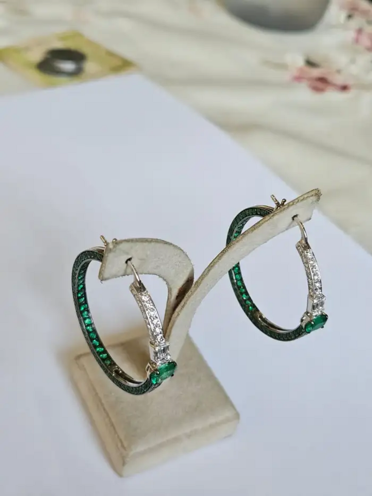 18k White Gold Diamond Hoop Earrings - Natural Zambian Emerald Earrings