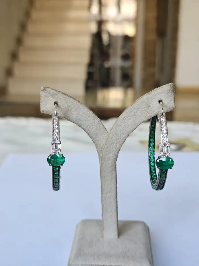 18k White Gold Diamond Hoop Earrings - Natural Zambian Emerald Earrings Main Image