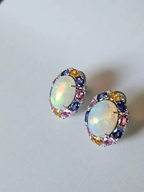 Ethiopian Opal, Tanzanite & Multi Sapphire Stud Earrings - 18k White Gold Diamond Earrings