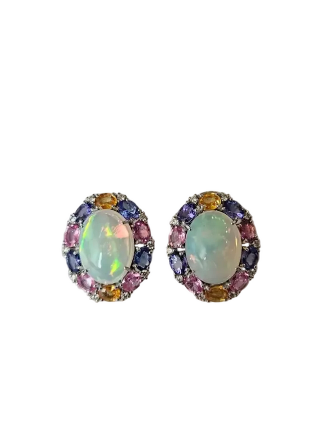 Ethiopian Opal, Tanzanite & Multi Sapphire Stud Earrings - 18k White Gold Diamond Earrings Hover Image