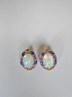 Ethiopian Opal, Tanzanite & Multi Sapphire Stud Earrings - 18k White Gold Diamond Earrings