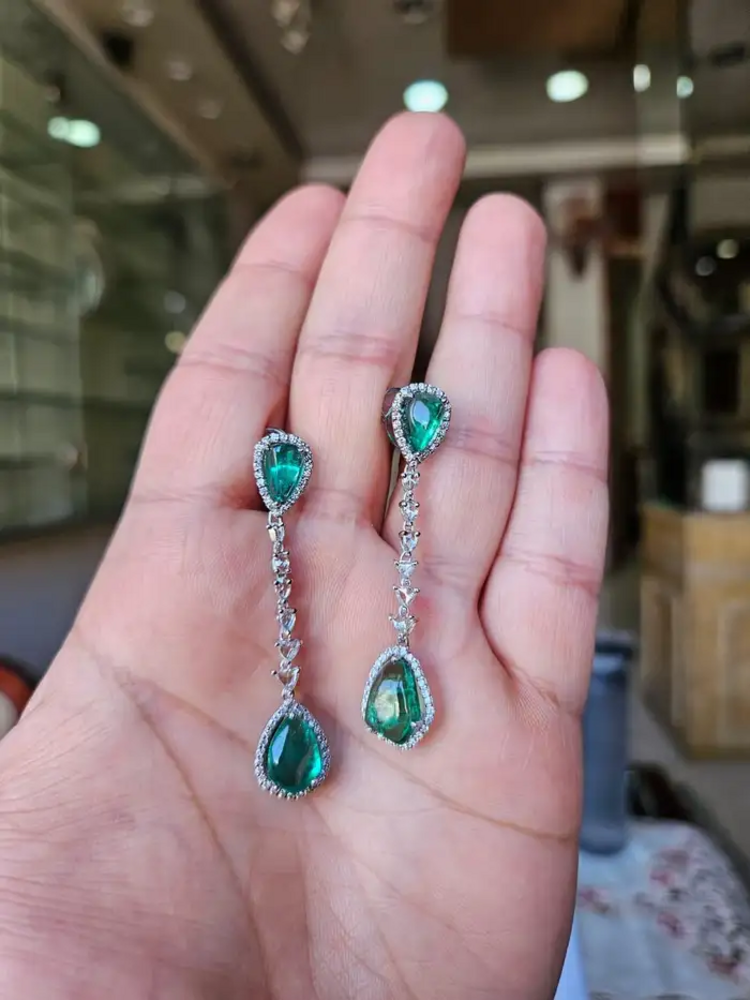 Natural Zambian Emerald & Rose Cut Diamond Dangle Earrings - 18k White Gold Handmade Drop Dangle Earrings