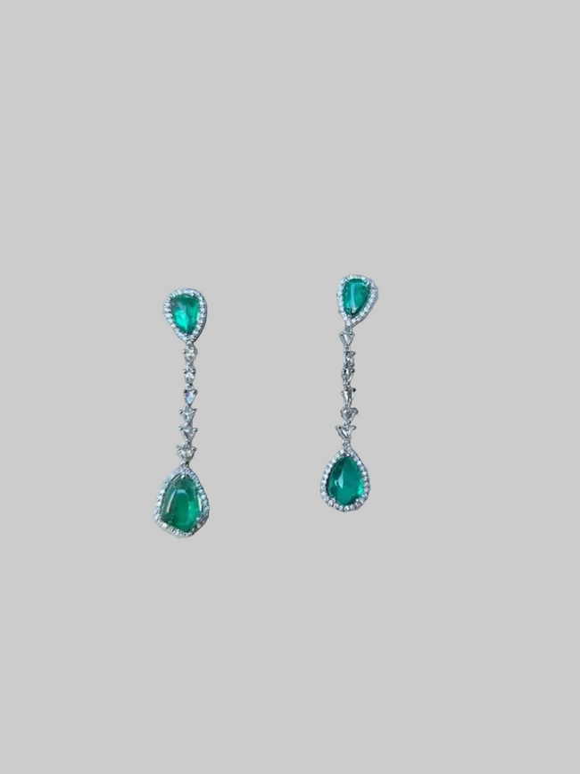Natural Zambian Emerald & Rose Cut Diamond Dangle Earrings - 18k White Gold Handmade Drop Dangle Earrings Hover Image