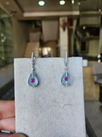 18k White Gold Diamond Dangle Earrings - Natural Ruby & Hand Carved Aquamarine Earrings