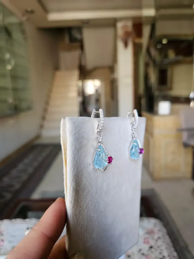 18k White Gold Diamond Dangle Earrings - Natural Ruby & Hand Carved Aquamarine Earrings