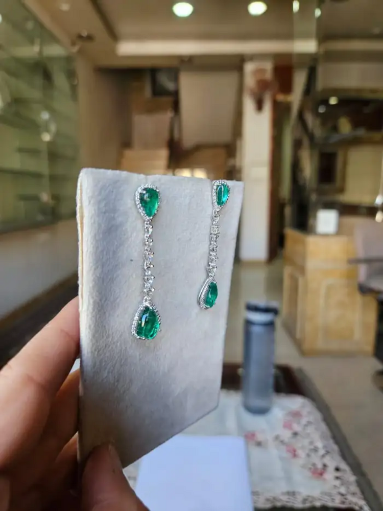 Natural Zambian Emerald & Rose Cut Diamond Dangle Earrings - 18k White Gold Handmade Drop Dangle Earrings