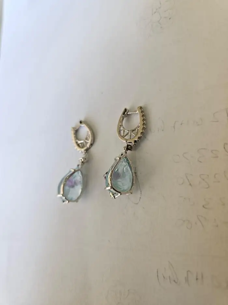 18k White Gold Diamond Dangle Earrings - Natural Ruby & Hand Carved Aquamarine Earrings