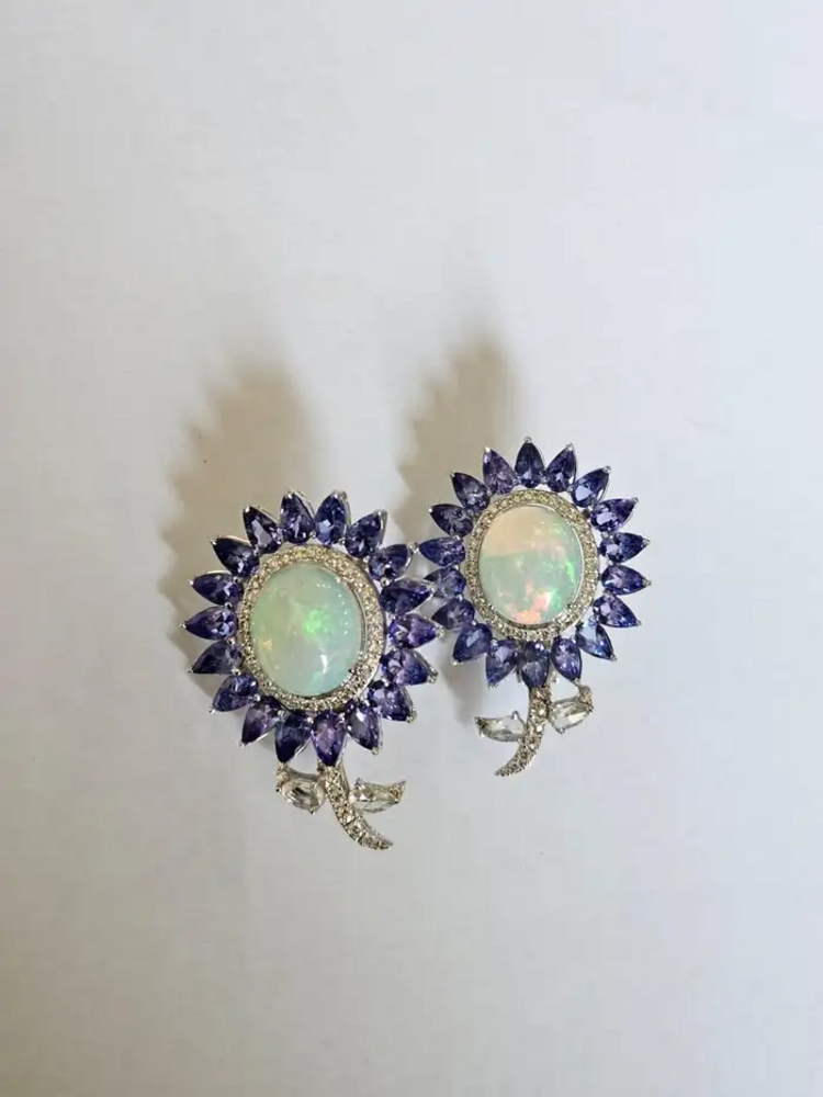 Natural Tanzanite & Ethiopian Opal Stud Earrings - 18k White Gold Rose Cut Diamond Earrings