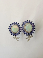Natural Tanzanite & Ethiopian Opal Stud Earrings - 18k White Gold Rose Cut Diamond Earrings