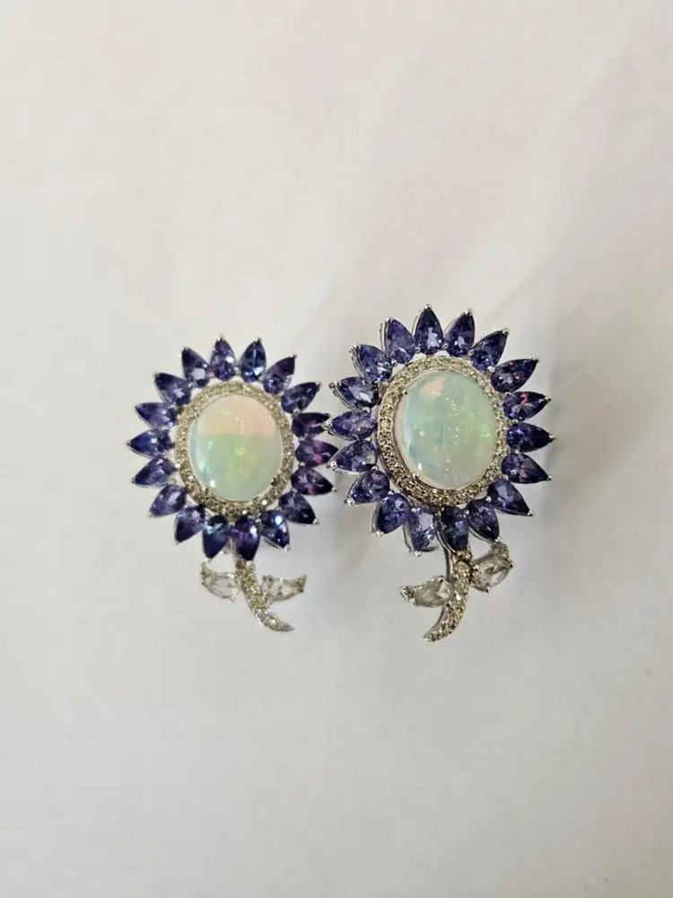 Natural Tanzanite & Ethiopian Opal Stud Earrings - 18k White Gold Rose Cut Diamond Earrings