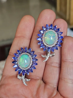 Natural Tanzanite & Ethiopian Opal Stud Earrings - 18k White Gold Rose Cut Diamond Earrings