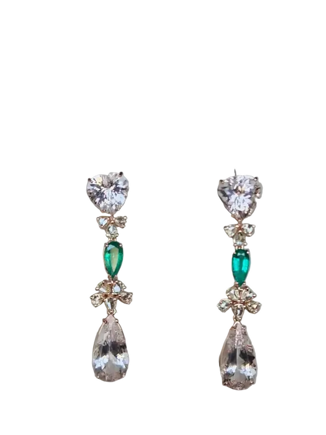 18k Rose Gold Rose Cut Diamond Dangle Earrings - Natural Zambian Emerald & Morganite Earrings Hover Image