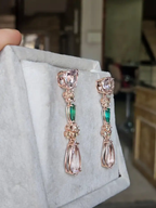 18k Rose Gold Rose Cut Diamond Dangle Earrings - Natural Zambian Emerald & Morganite Earrings