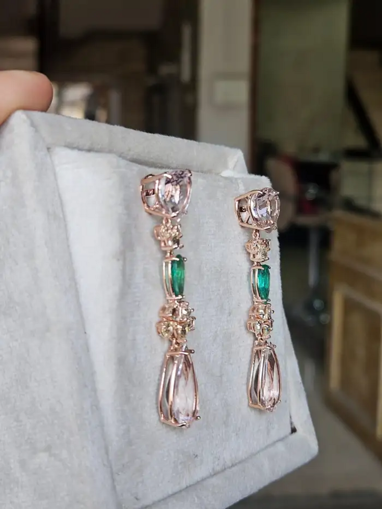 18k Rose Gold Rose Cut Diamond Dangle Earrings - Natural Zambian Emerald & Morganite Earrings
